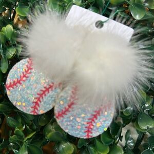 Glittery Baseball Earrings with White Pom Poms